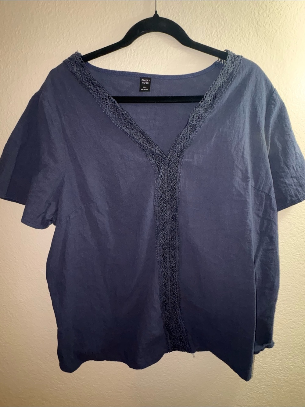 Crochet-Trim V-Neck Tunic Top - Navy